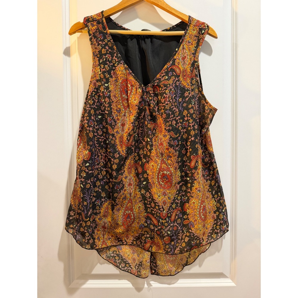 Unique Spectrum Paisley Floral V-Neck Split Back Sleeveless Blouse Orange Black